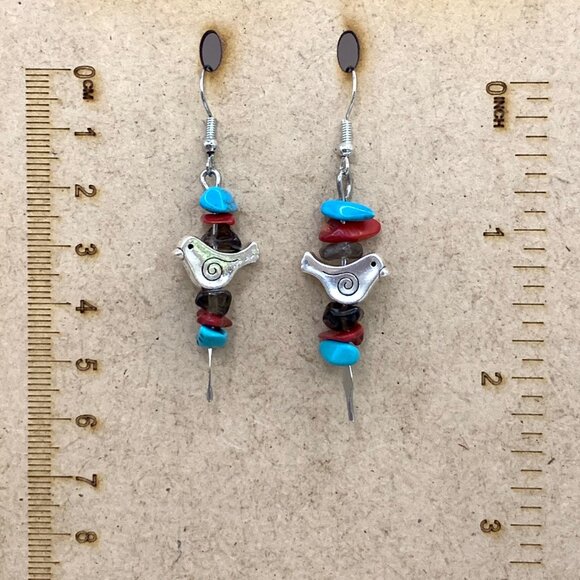 Turquoise Coral Smokey Quartz Chips Silver tone Handmade Pierced Earrings LR146 - Picture 3 of 3